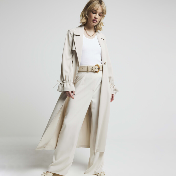 River Island Womens Cream Tie Cuff Belted Duster Coat ShopStyle