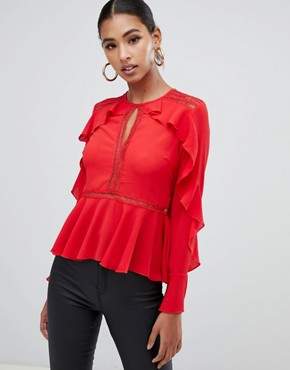 Missguided ruffle trim lace insert blouse in red