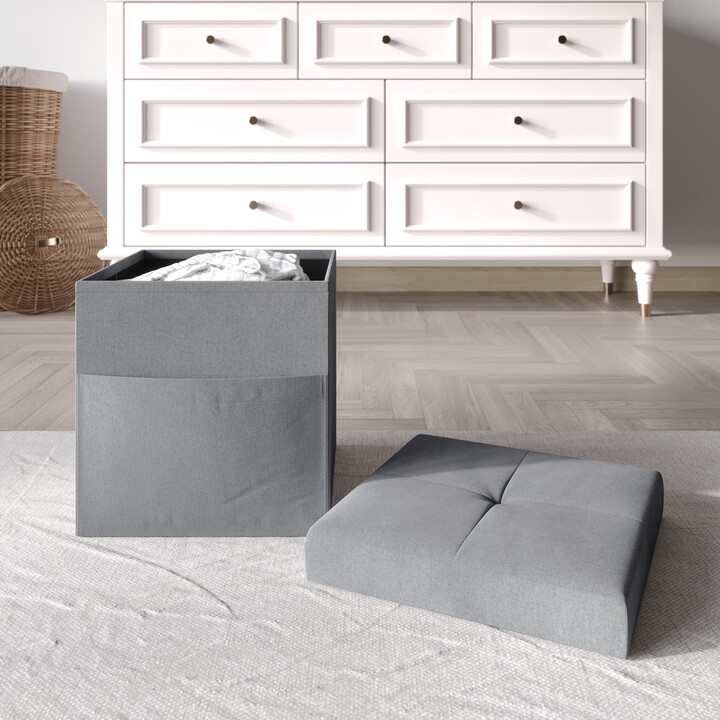 Home Design Chico 12" Tufted Upholstered Folding Storage Bench with Pocket, Dark Gray – Bedroom & Living Room Furniture