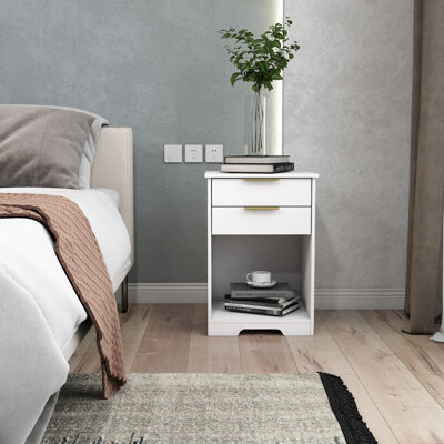 Ample Storage Modern Particle Board Nightstand With Golden Handles For Bedroom And Living Room