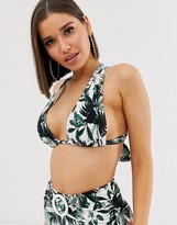 Thumbnail for your product : ASOS DESIGN DESIGN fuller bust oversized palm cross back halter triangle bikini top with ring detail dd-g