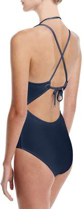 Jets Perspective Plunge-Neck One-Piece Swimsuit, Blue