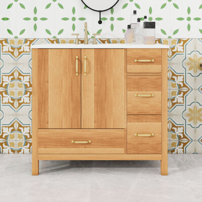 Ebern Designs Wooden Four Drawers Bathroom Vanity with Ceramic Sink Adjustable Shelf and 2 Soft Close Doors