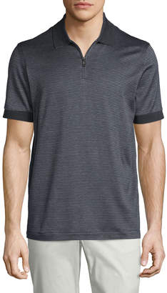 Brioni Micro-Grid Jacquard Quarter-Zip Polo Shirt, Gray/Navy