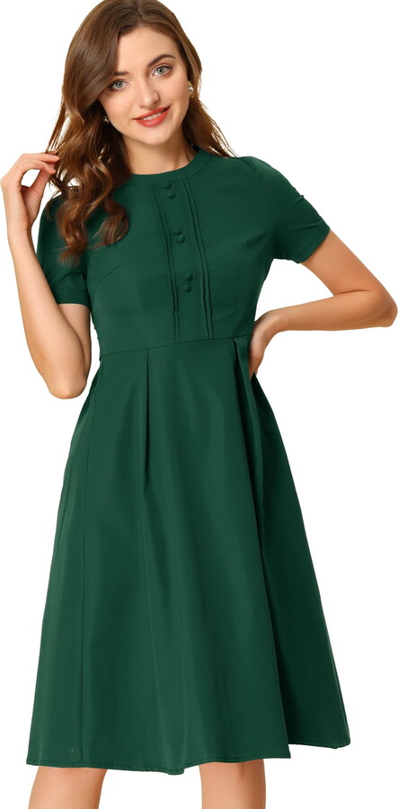 DARING DIVA Round Neck Short Sleeve Pleated Midi Blouse S Dark Green