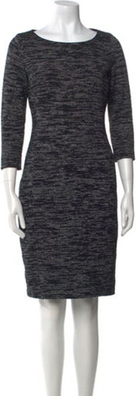 Rene Lezard Sheath Dress Black Printed Three-Quarter Sleeve with Bateau Neckline Concealed Zip Closure at Front