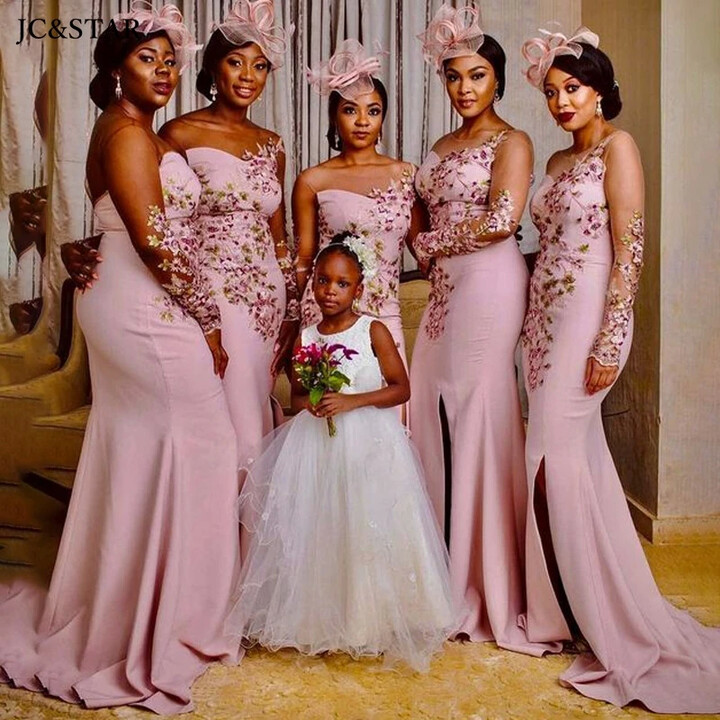JC & STAR Dusty Pink 3D Flower Sexy Mermaid Bridesmaid Dress Tulle See-through Satin Women Evening Robe Long Sleeve Luxury Party Gown