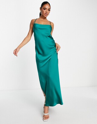 Green Satin Strappy Tie Front Maxi Dress