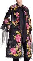 Marchesa Floral-Embroidered Corded Lace Coat with Tie Neck & Cuffs