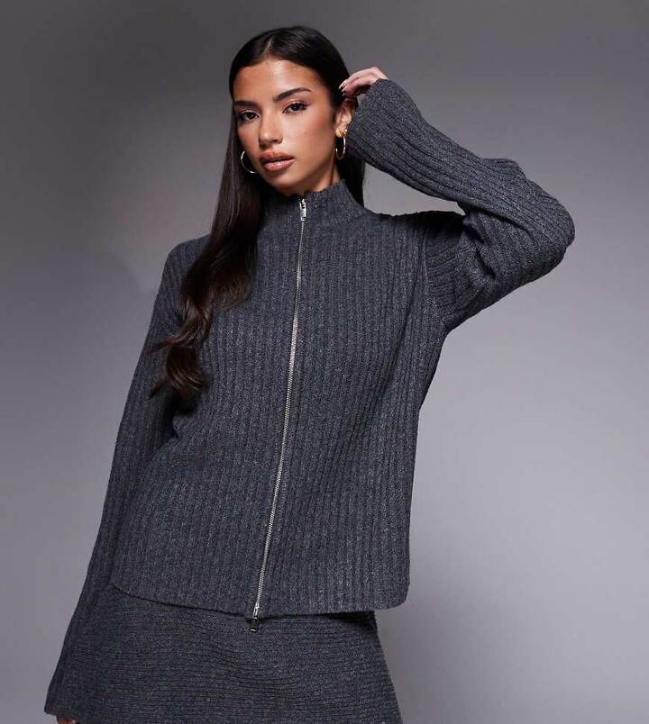 Kaiia Exclusive ribbed knit zip through funnel neck cardigan in charcoal - part of a set