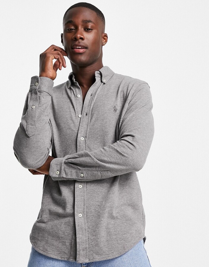 Polo Ralph Lauren icon logo slim fit pique shirt buttondown in grey marl -  ShopStyle