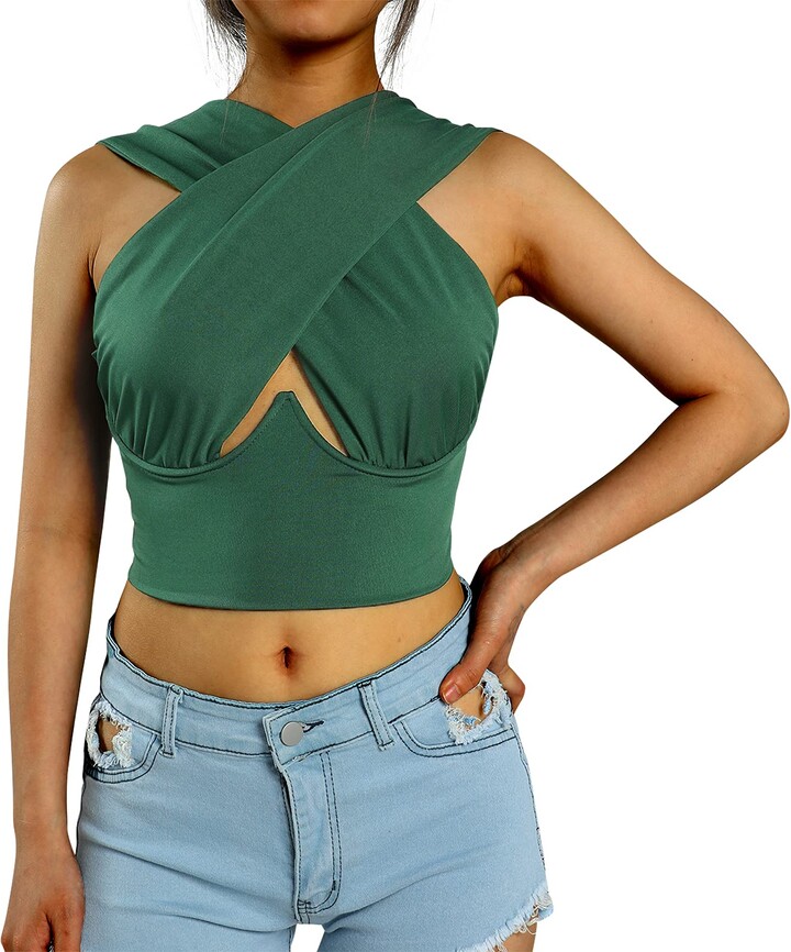 AmShibel Criss Cross Halter Tops for Women Y2k Fashion Sexy Cutout Wrap