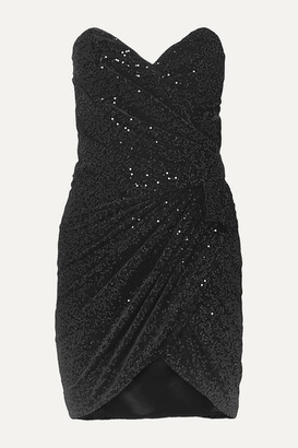 Saint Laurent Strapless Ruched Sequined Velvet Mini Dress - Black