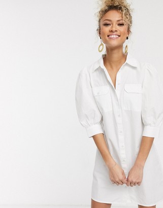 Pieces shirt dress with puff sleeves and pocket details in white