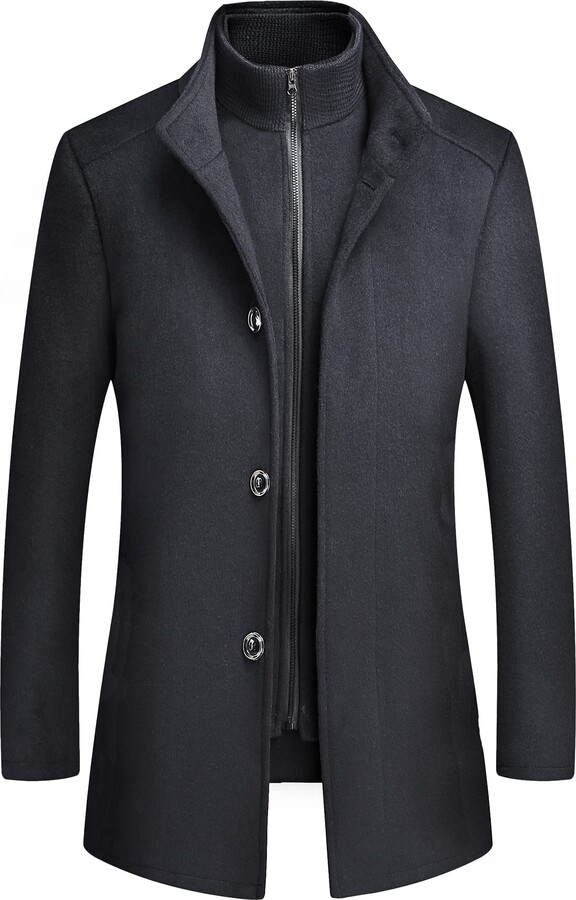 Yukirtiq Mens 2 in 1 Wool Coat Thick Winter Elegant Business Mid-Length ...