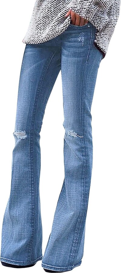 Uqnaivs Womens Ripped Frayed Hem Adjustable Denim Bib Overall Flare Jeans Pants