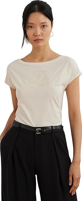 Lauren Ralph Lauren Embroidered Jersey T-Shirts Women's T Shirt Mascarpone Cream : LG, Cotton