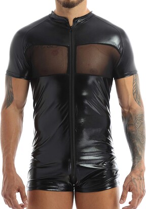 Choomomo Men's Wet Look Patent Leather Front Zipper One-Piece Bodysuit  Leotard Catsuit Jumpsuit 2# Black XL - ShopStyle T-shirts