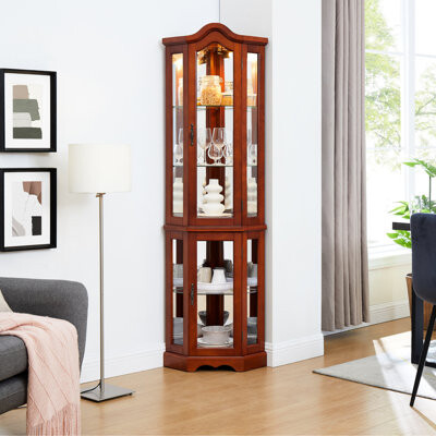 Lark Manor Corner Cabinet - Lights Walnut Adjustable Tempered Glass Shelf Mirrored Finish Display Shelves Backside