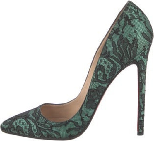 Christian Louboutin Lace Pumps Green Pointed-Toes with Lace Trim Embellishment Includes Box & Dust Bag Designer