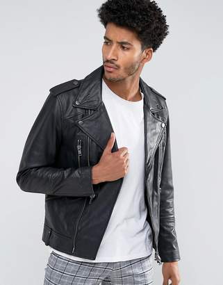 MANGO Man Leather Biker Jacket With Collar In Black