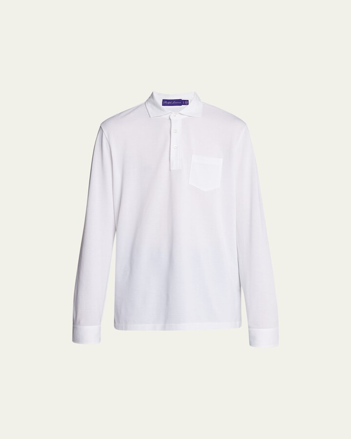 Men's Washed Long-Sleeve Pocket Polo Shirt, White