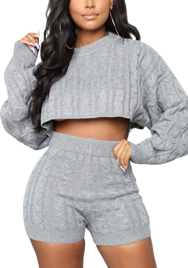 Cosygal Womens Casual Knit 2 Piece Outfit Long Sleeve Sweater Pullover Crop Top and Shorts Pants Jumpsuit Skirts Dress Set 
