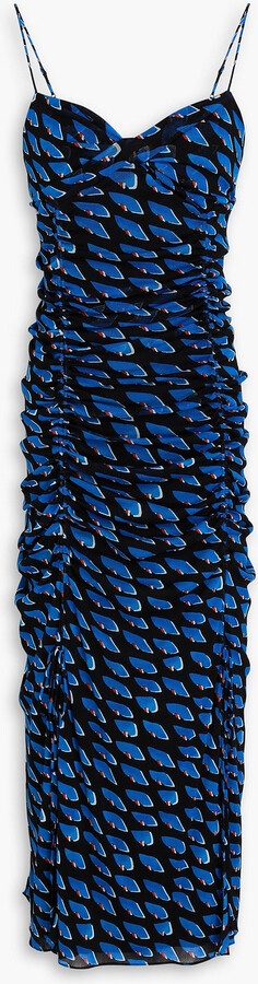 Lester ruched printed stretch-mesh midi dress