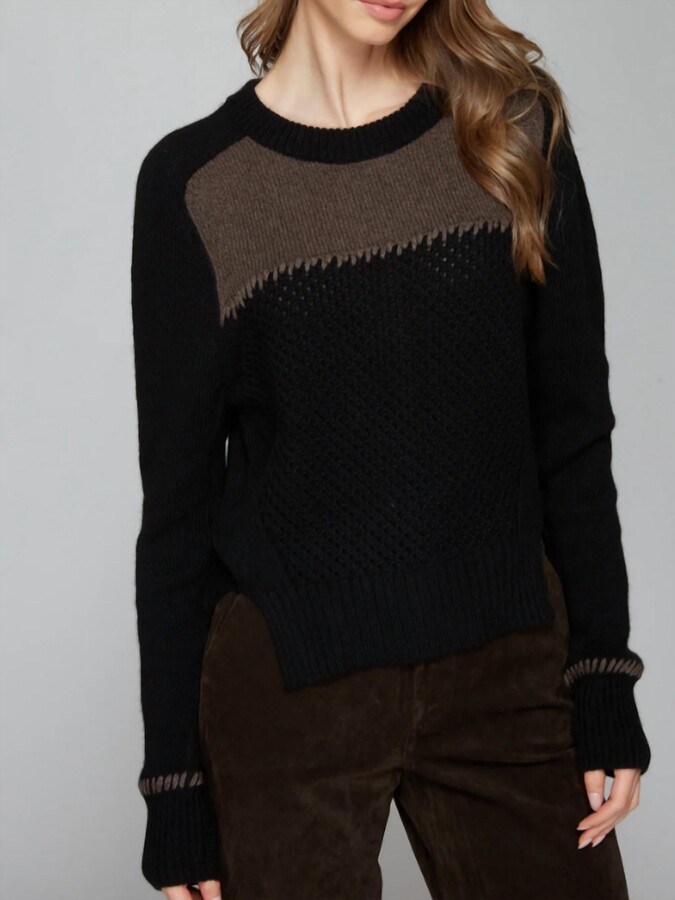 Autumn Cashmere Boxy Crew Top With Contrast Yoke And Whipstitch In Black/mulch