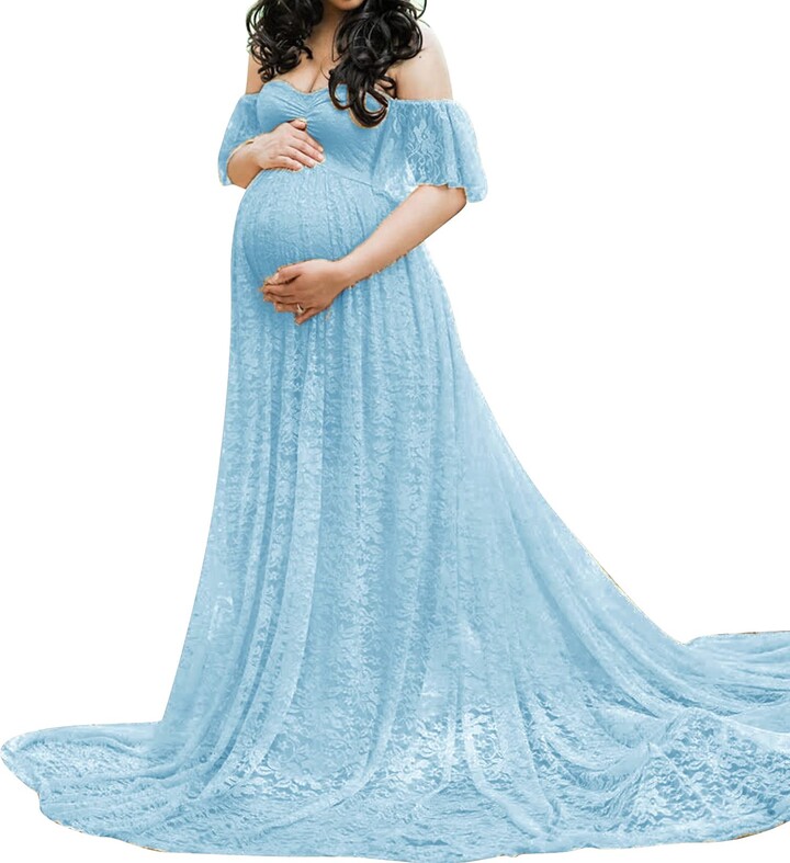 Frobukio Maternity Lace Dress Elegant Pregnancy Gown Stretchy