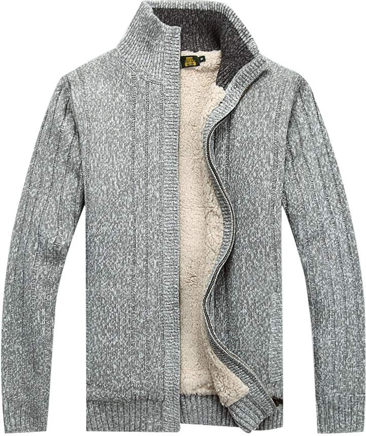 FTCayanz Men's Fleece Jacket Knitted Sweater Cardigan Thick Zip Jumper  Stand Collar Winter Warm Coat Thick Light Grey L - ShopStyle