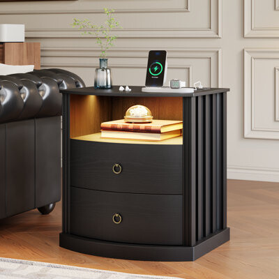Ivy Bronx 2 - Drawer Curved Nightstand With USB & Type-C Ports And Led Lighting Storage Cabinet For Bedroom Or Living Room