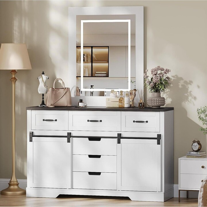 gaomon 6-Drawer Farmhouse Dresser with Sliding Barn Doors Rustic Wood Chest Tv Stand Bedroom Living Room Organizer