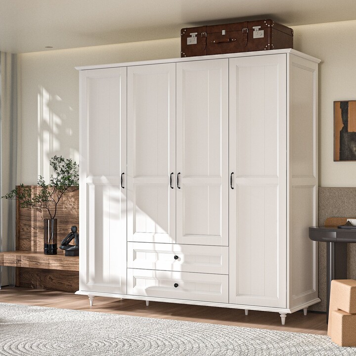 FAMAPY Spacious White Wardrobe Armoire Closet 4 Door 2 Drawer Storage