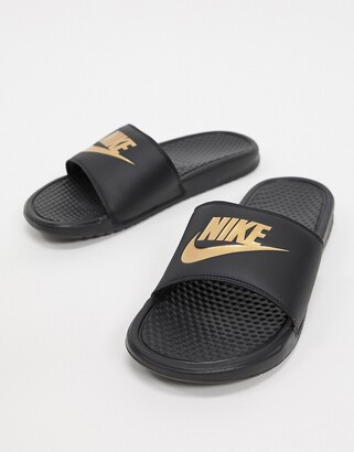 mens black and gold nike slides