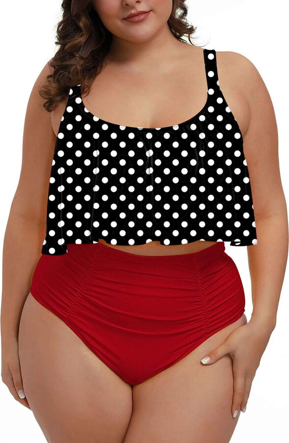 Kisscynest Women's U Neck Ruffle Polka Dot Tummy Control Plus Size