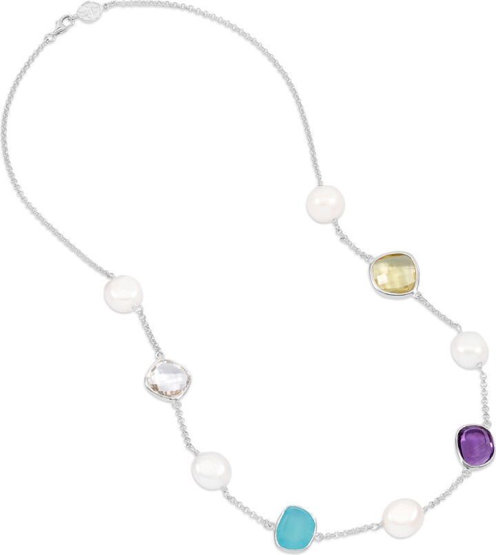 Dower & Hall Candy Gemstone & Baroque Pearl Pebble Necklace In Silver
