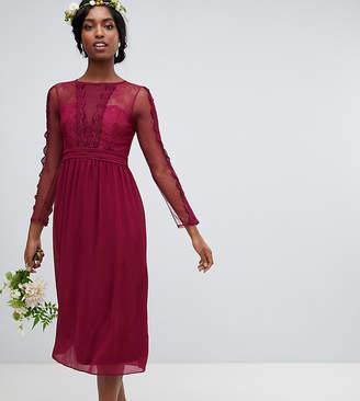 TFNC Tall lace detail bridesmaid midi dress in burgundy