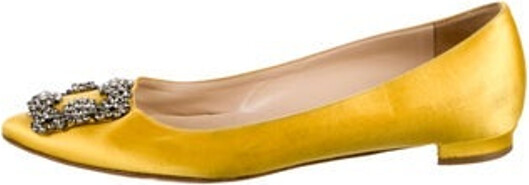 Manolo Blahnik Satin Flats Yellow Semi-Pointed Toes with Crystal Embellishments Designer