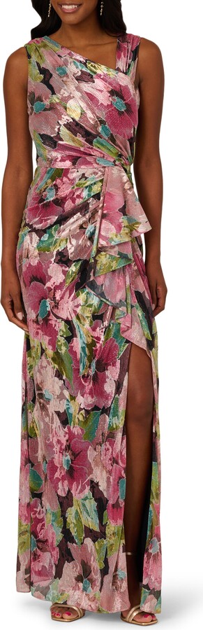 Asymmetric Metallic Foil Floral Gown