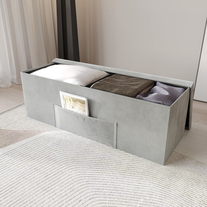 Home Design Chico 42" Tufted Upholstered Folding Storage Bench with Pocket, Light Gray – Bedroom & Living Room Furniture