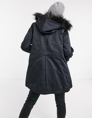Morgan ruched waist detail coat with faux fur hood detail in navy