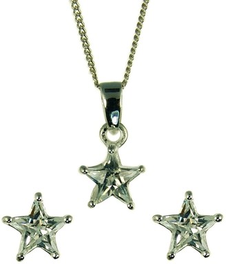 Ornami Silver Ladies' Cubic Zirconia Set Star Pendant and Stud Earrings Set with 46cm Curb Chain