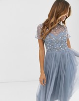 Thumbnail for your product : Maya cap sleeve floral embellished midi prom dress in dusty blue