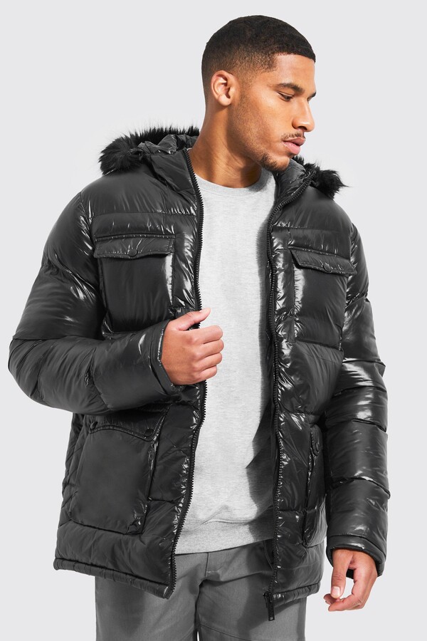 Jack Jones Core Puffer Jacket With Faux Fur Hood In Black, 45% OFF