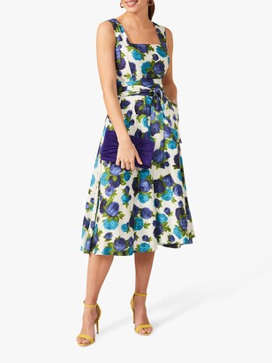 Phase Eight Janetta Floral Print Fit and Flare Dress, Blue/Cream