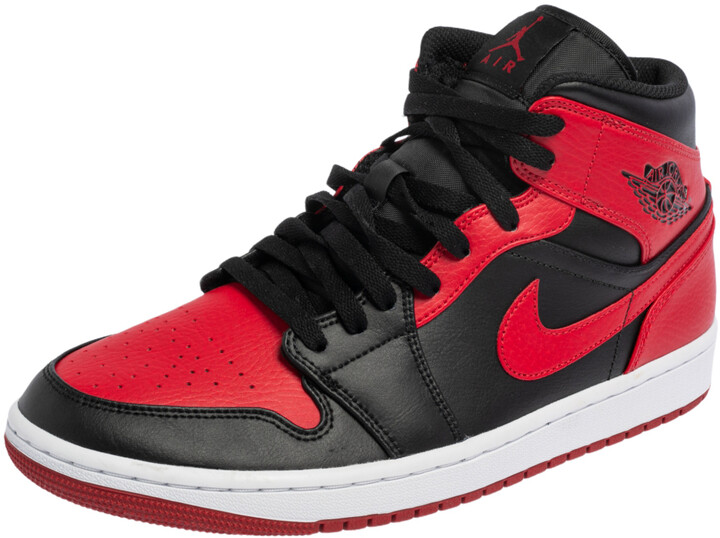 Jordan Nike Black/Red Leather and Fabric 1 Mid Sneakers Size 43 - ShopStyle