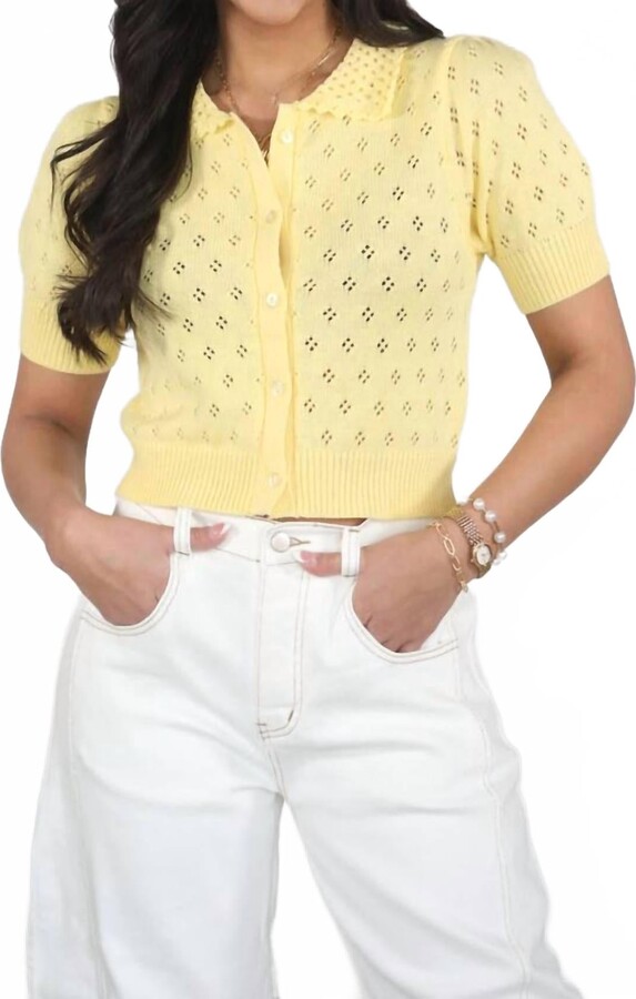 Double Zero Celeste Cute Pointelle Puff Sleeve Cardigan Top In Yellow