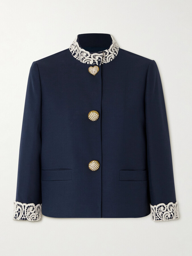 Valentino Garavani Guipure Lace-trimmed Wool And Silk-blend Twill Jacket - Blue