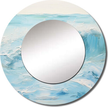 Design Art Blue And White Simplicity Beach - Waves Decorative Mirror, Coastal Round Wall Mirror, Printed Metal Art